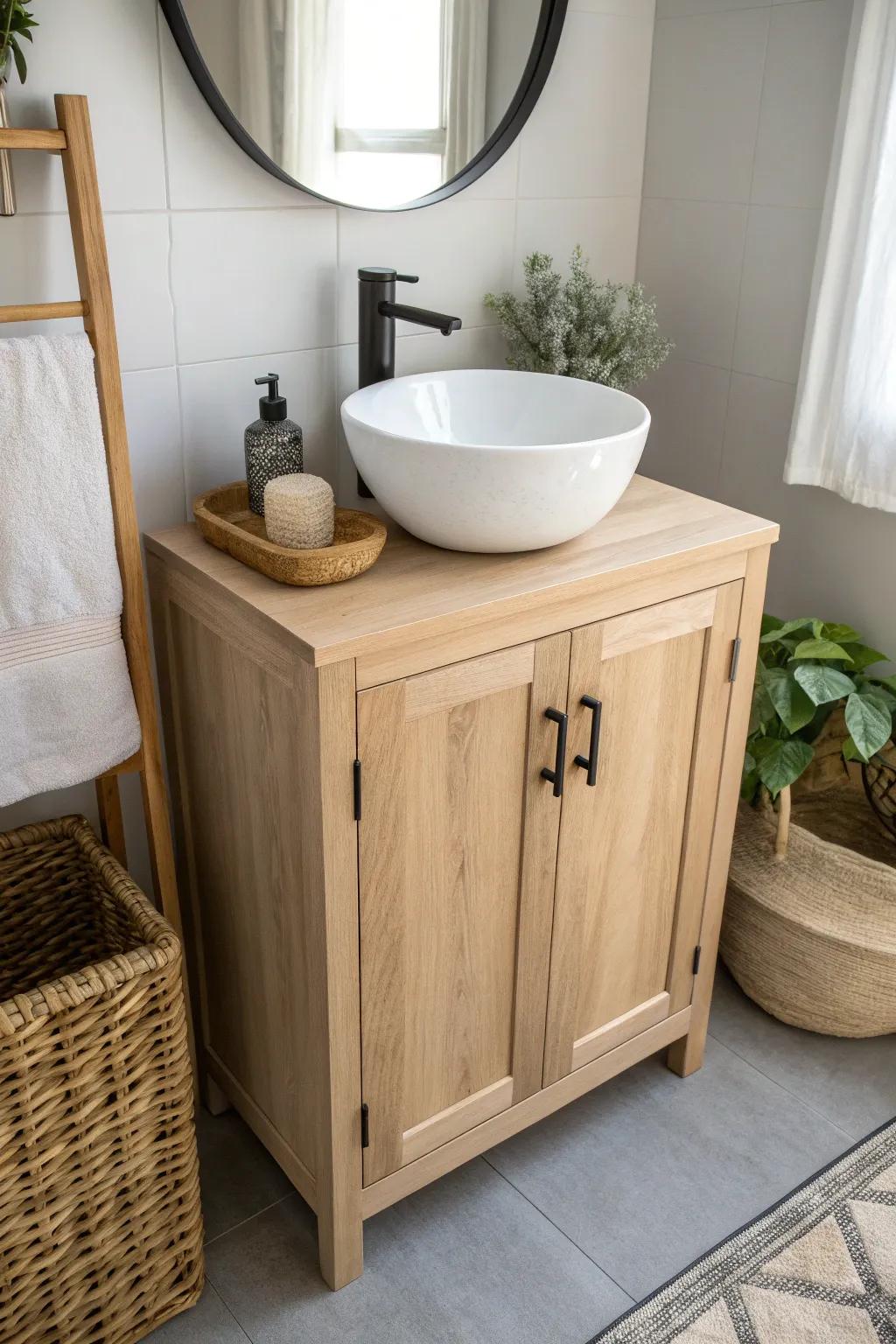 Vessel sink vanity: more cabinet storage below with a bright, boutique Scandinavian look.