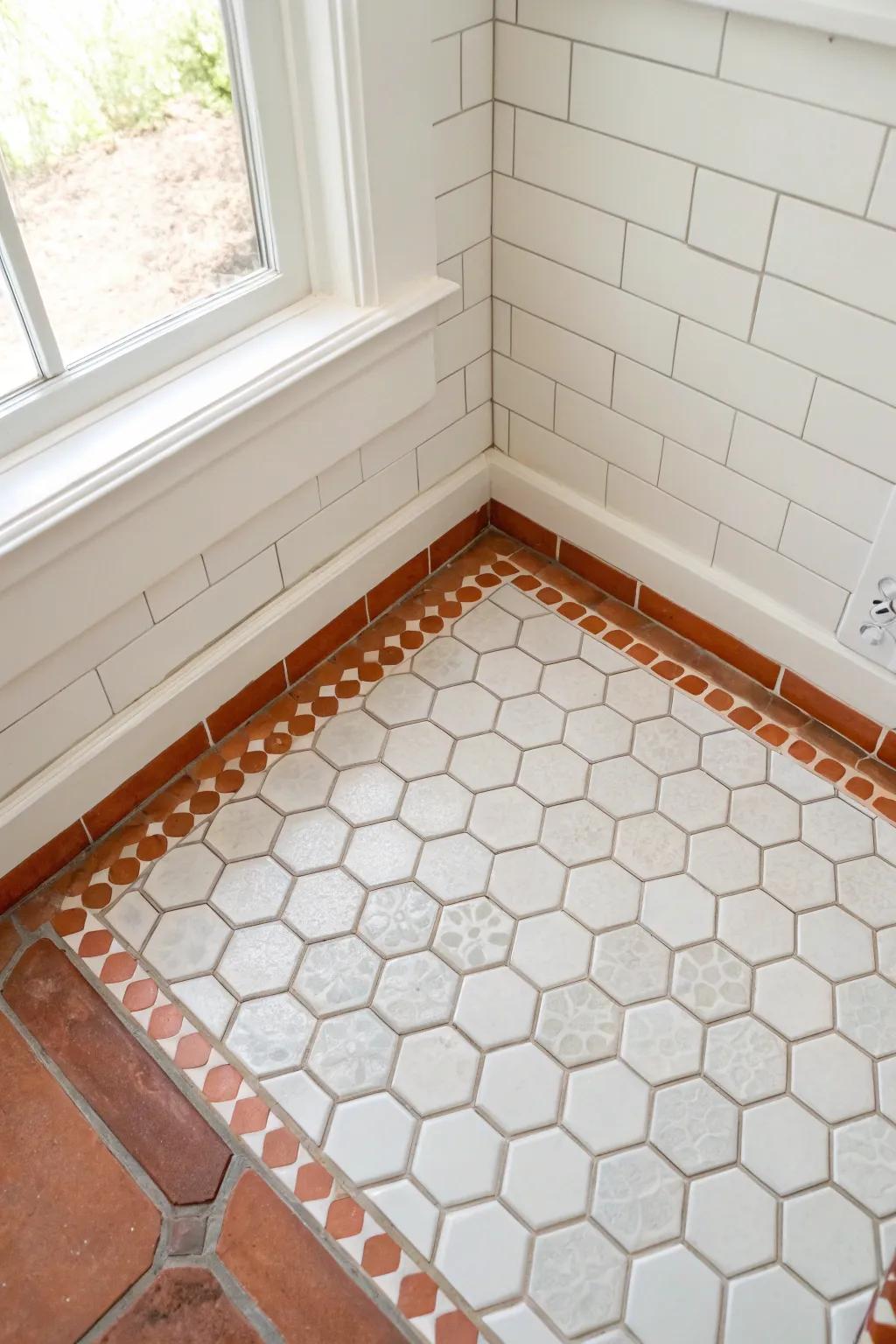 A slim tile border frames the tiniest half bath like a built‑in rug—clean, custom, cozy.