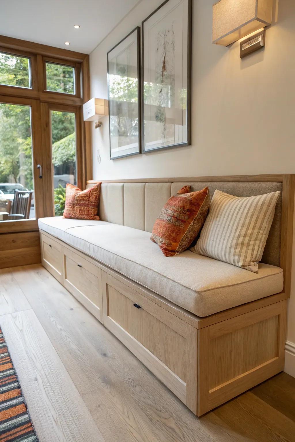 Built-in banquette on the half wall: a cozy hangout zone that saves space and looks seamless.