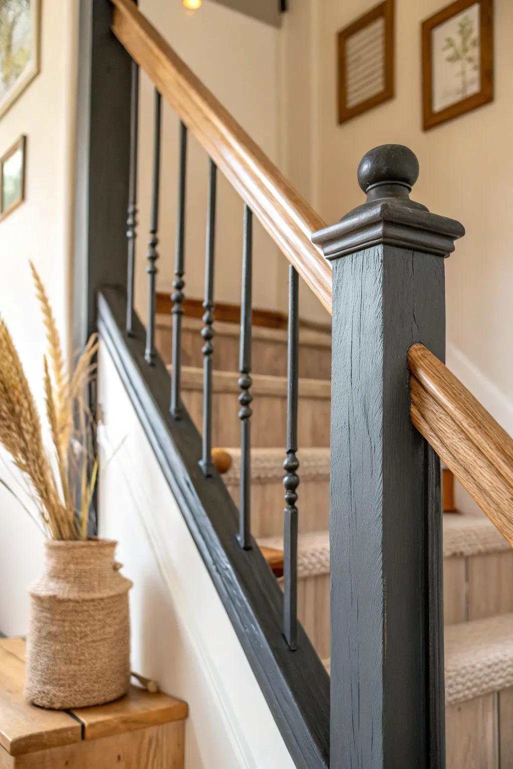 A bold charcoal railing instantly sharpens stairway lines and elevates a small hallway.