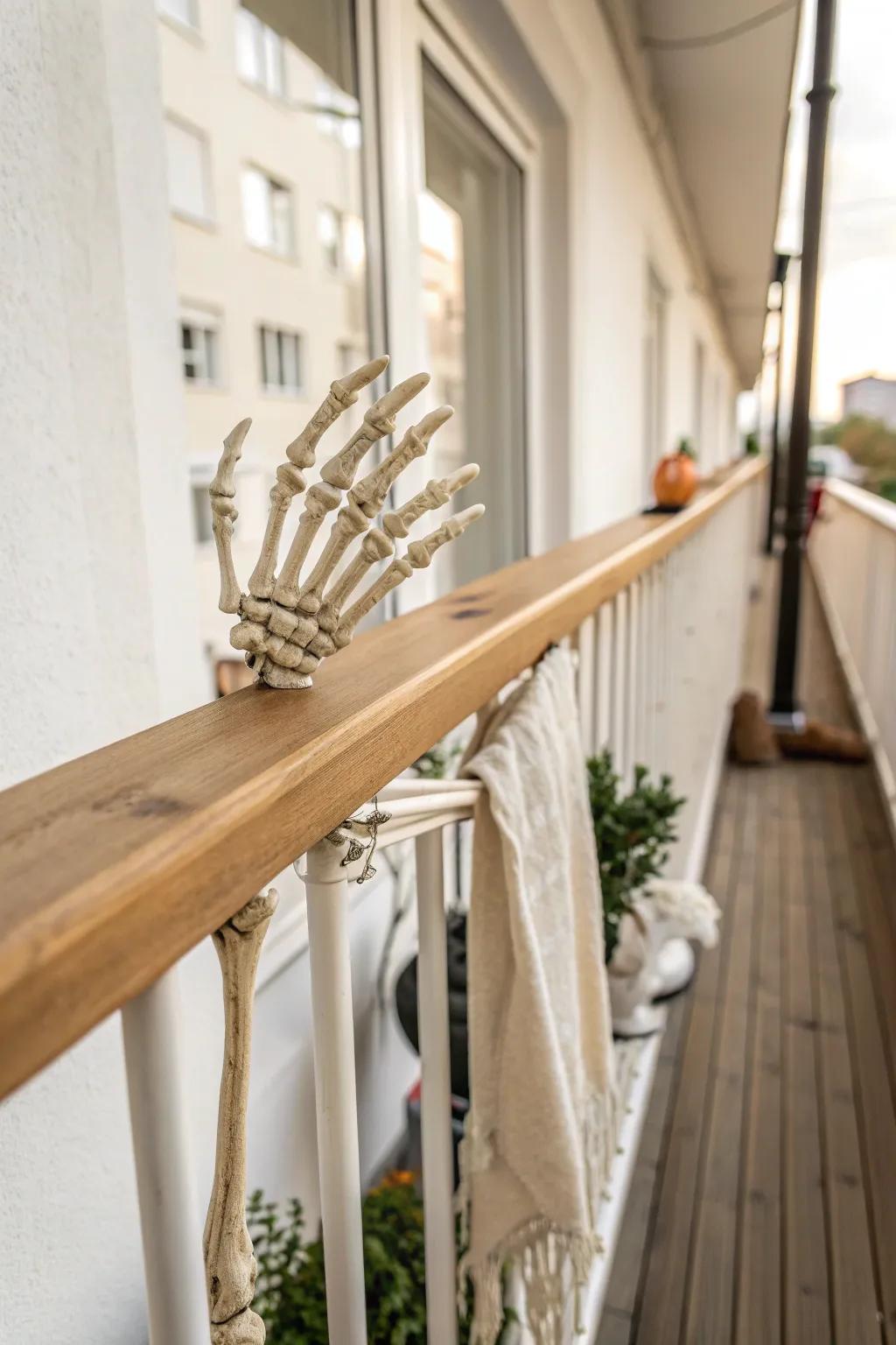Minimalist Halloween: bone-white skeleton hands gripping the balcony rail for a chic scare.
