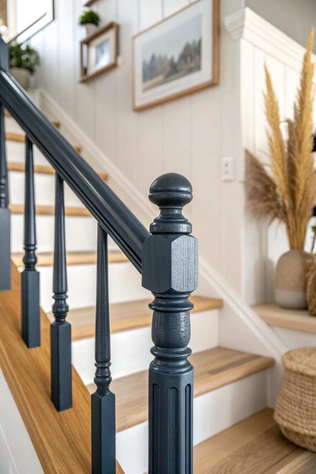 Paint your stair rail a bold contrast color for an instant custom look in a neutral hallway.