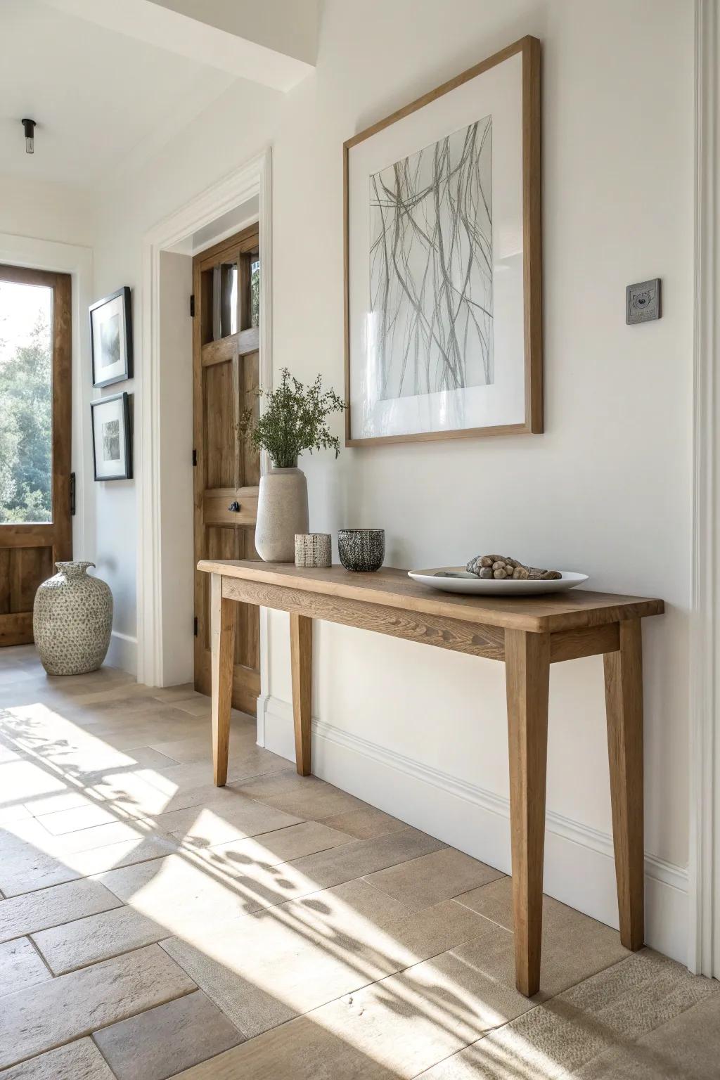 A slim console + one framed print grounds the hallway while keeping the walkway clear.