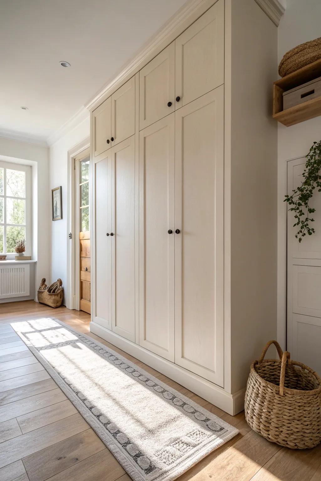 Wall-matched cabinet doors blend in and make a small hallway feel instantly bigger.