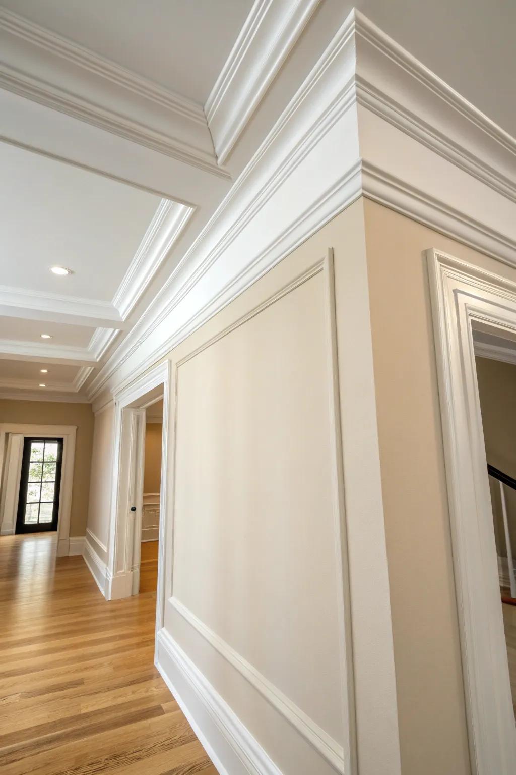 Slim ceiling molding frames the hallway edge for an instant built-in look—simple, chic, budget-friendly.
