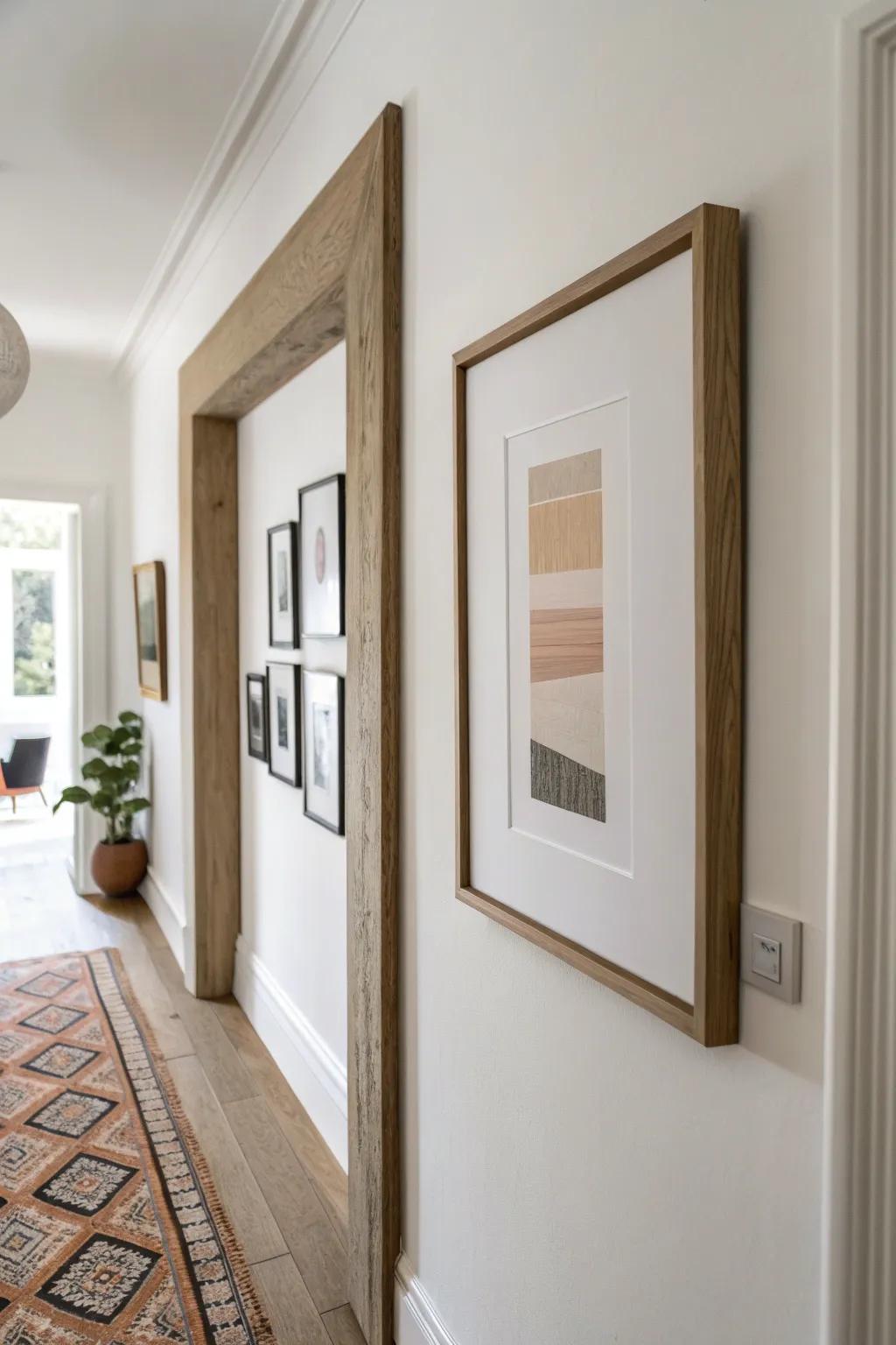 Make a small entry feel curated—one statement frame anchors a purposeful gallery wall.