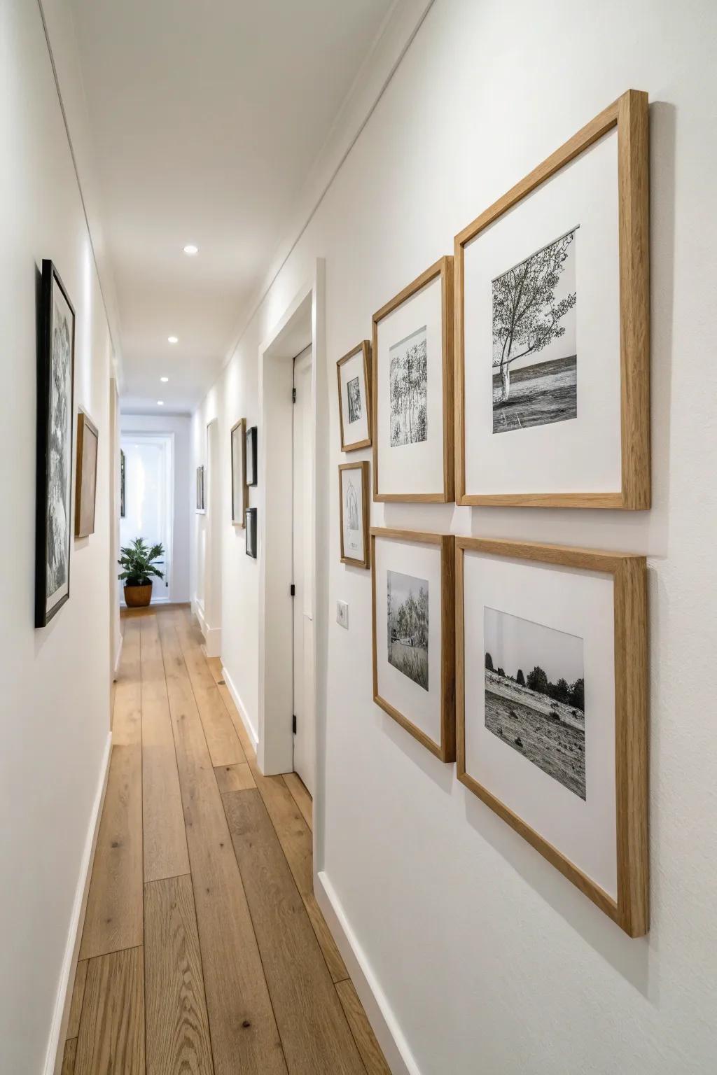 Make a tiny hallway feel wider: hang art in one straight, eye-level line for calm Scandi style.