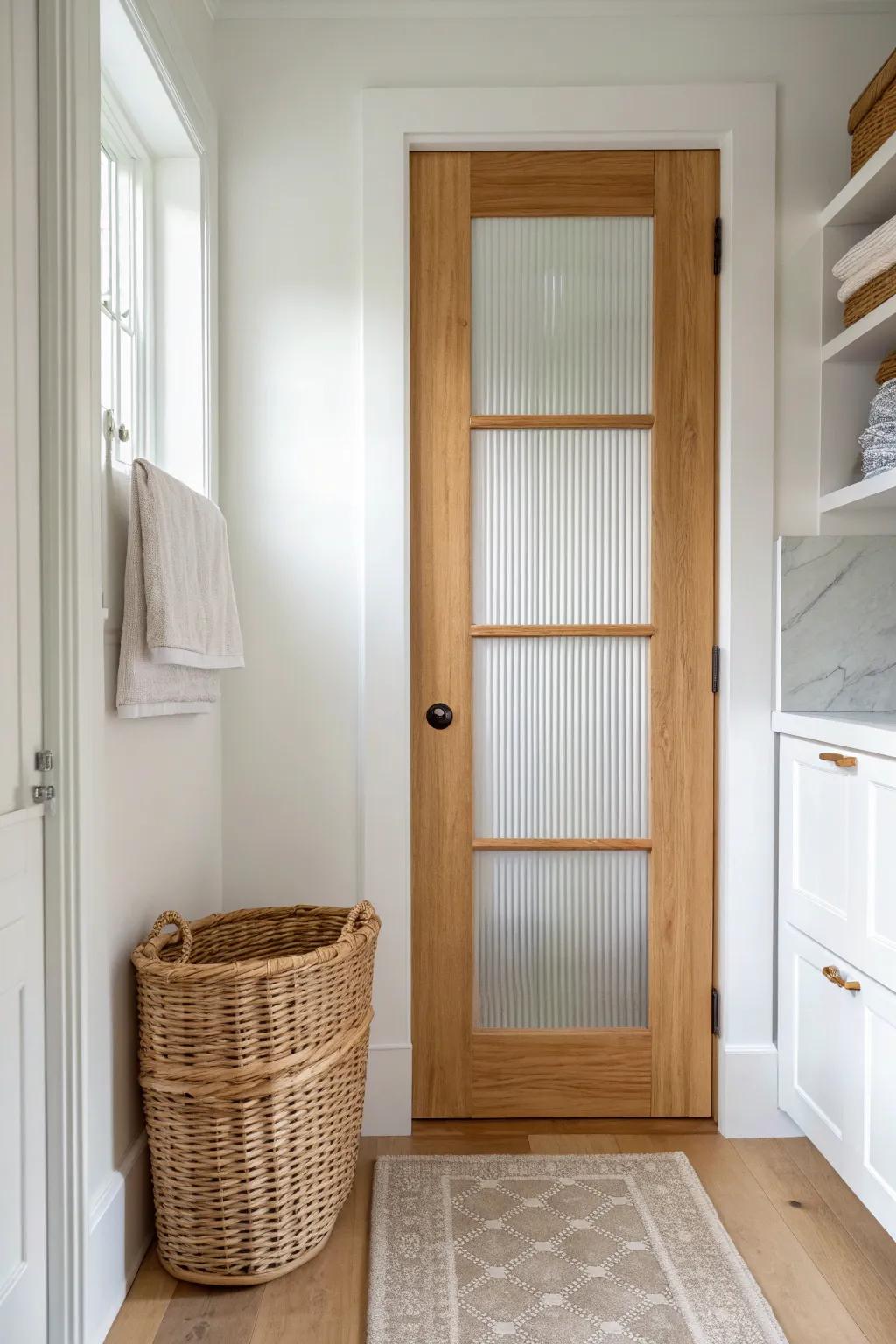 Reeded glass adds a soft blur—hides laundry clutter while keeping your hallway feeling airy.