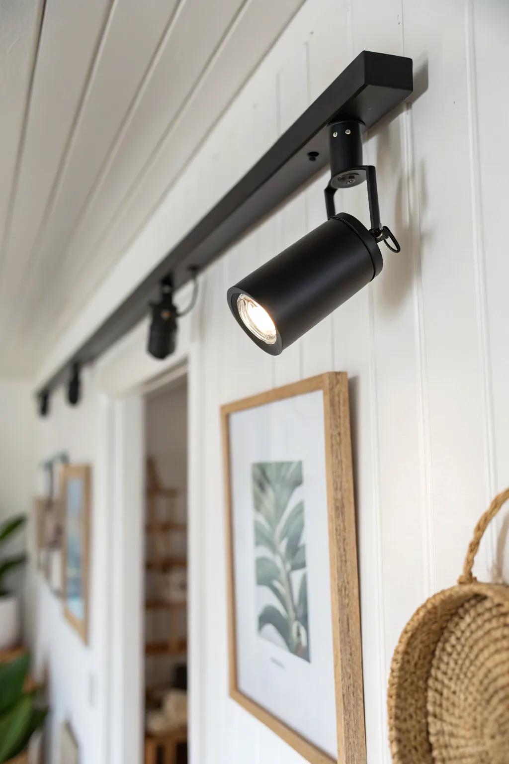 Adjustable track light spotlighting hallway art—minimal, warm, and gallery-chic.