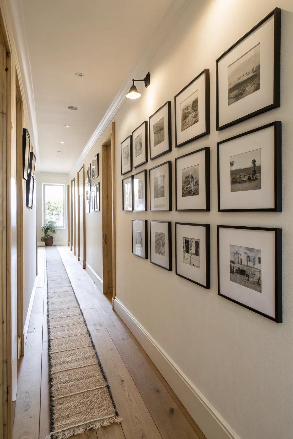 A floor-to-ceiling frame column draws the eye up—perfect to stretch a narrow hallway.