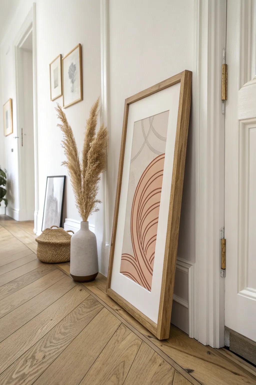 One oversized frame creates instant hallway impact—minimal effort, maximum wow.