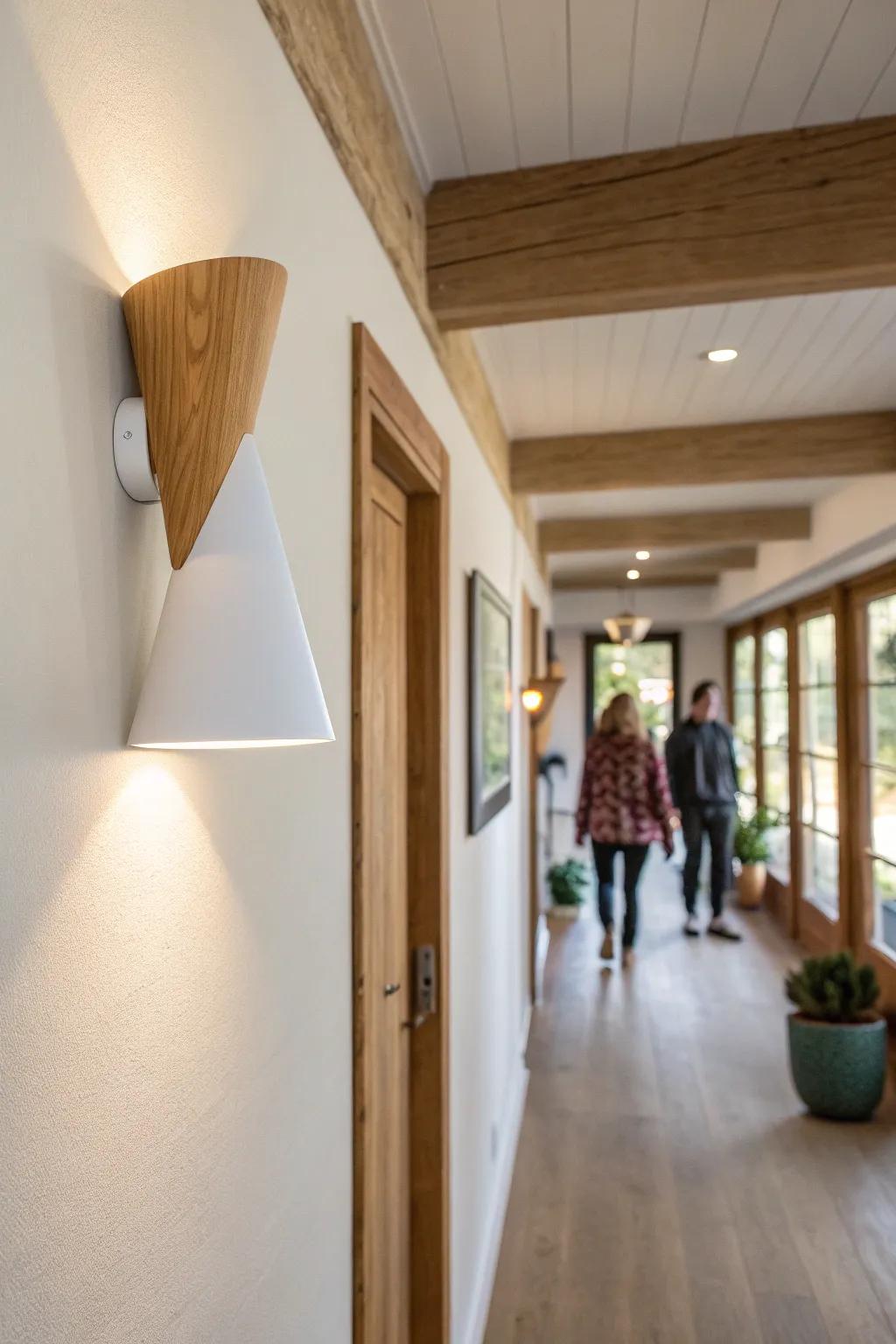 An uplight sconce that bounces glow to the ceiling—instantly making a narrow hallway feel taller.
