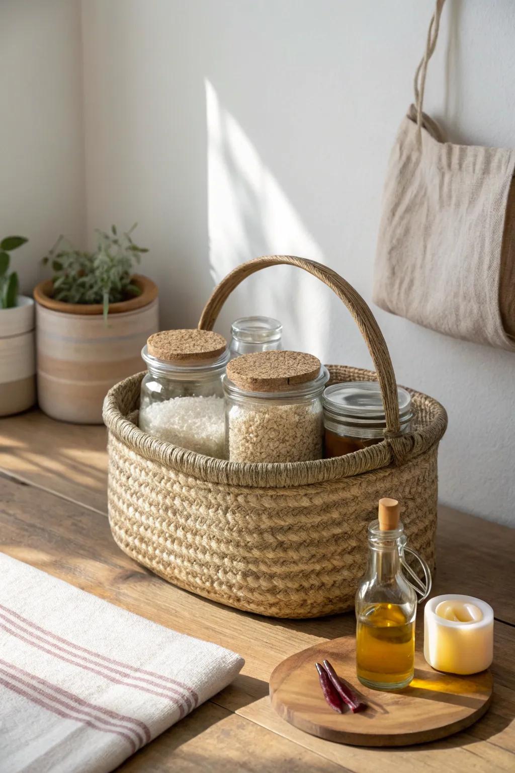 A small-space housewarming pantry hamper: weekly essentials, linen towel, and a cozy candle.