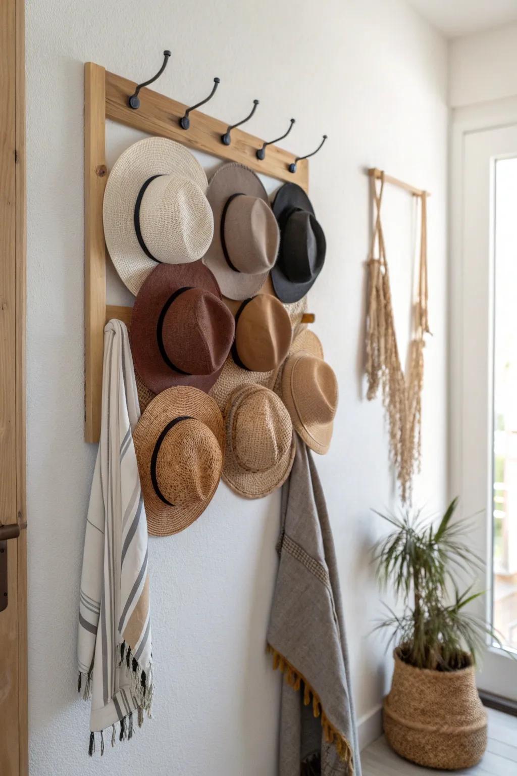 Color-blocked hats from straw to charcoal felt turn a small wall into artful storage.