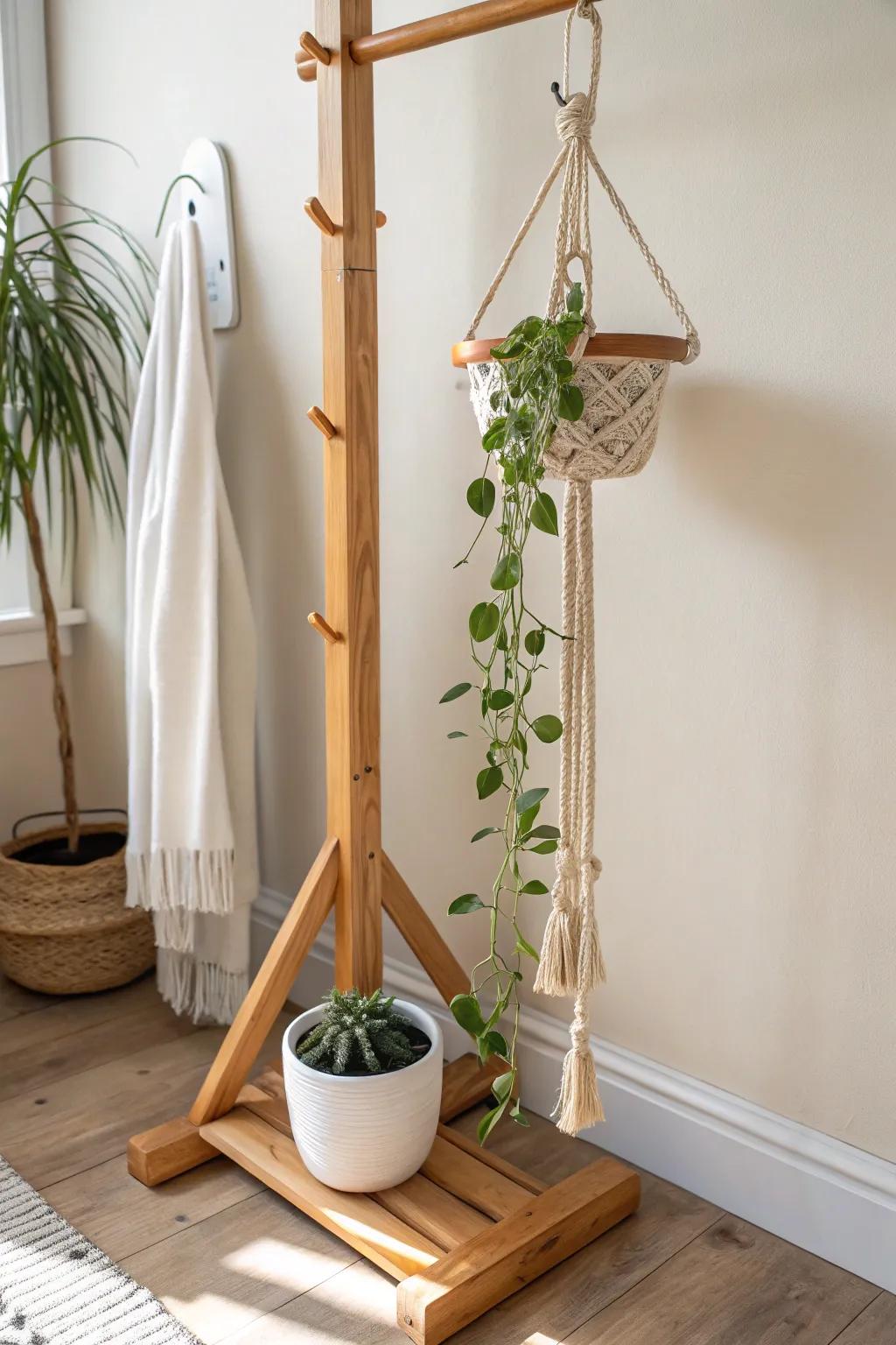 Turn a simple coat rack into a calm entryway plant hanger—minimal, airy, and space-smart.