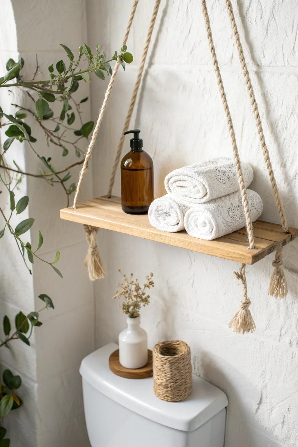 Small bathroom win: a minimalist hanging shelf over the toilet for towels and skincare.