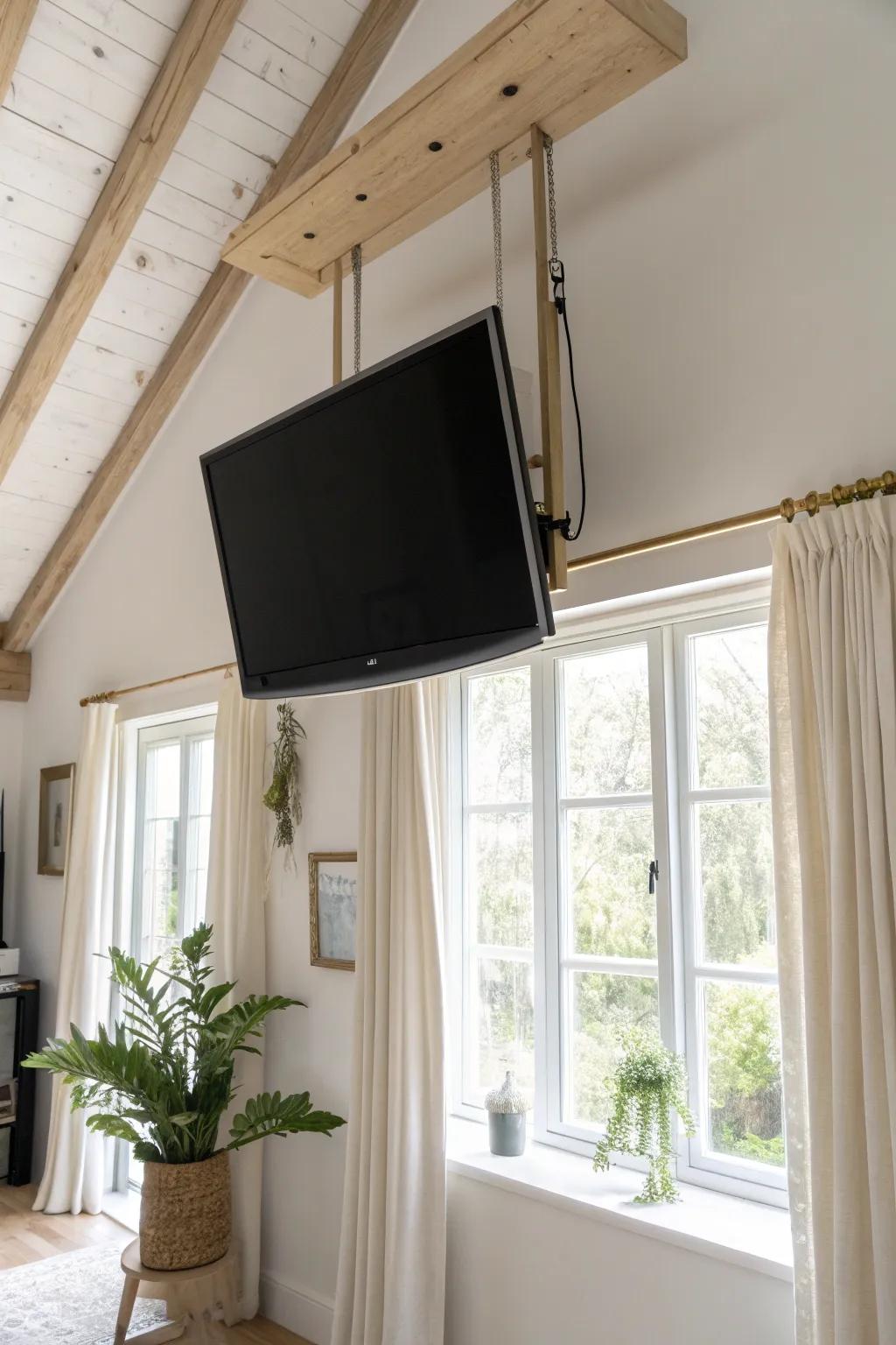 A flip-down ceiling TV stays hidden by day—sunlight and the view stay front and center.