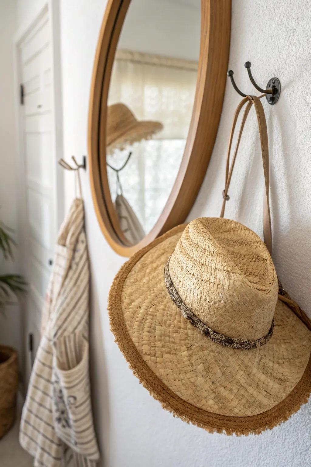 Mirror-and-hook combo: a chic check-and-go hat spot that keeps tiny entryways calm.