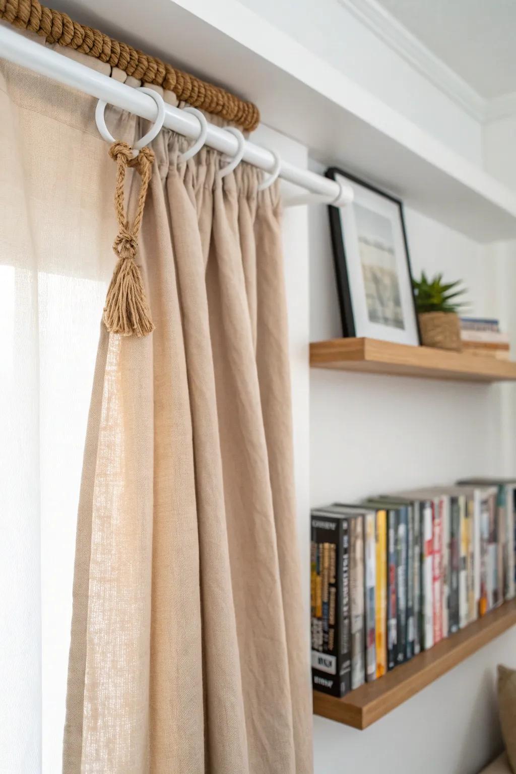 A tension-rod linen curtain turns a shelf nook into hidden DVD storage—soft, tidy, no drilling.