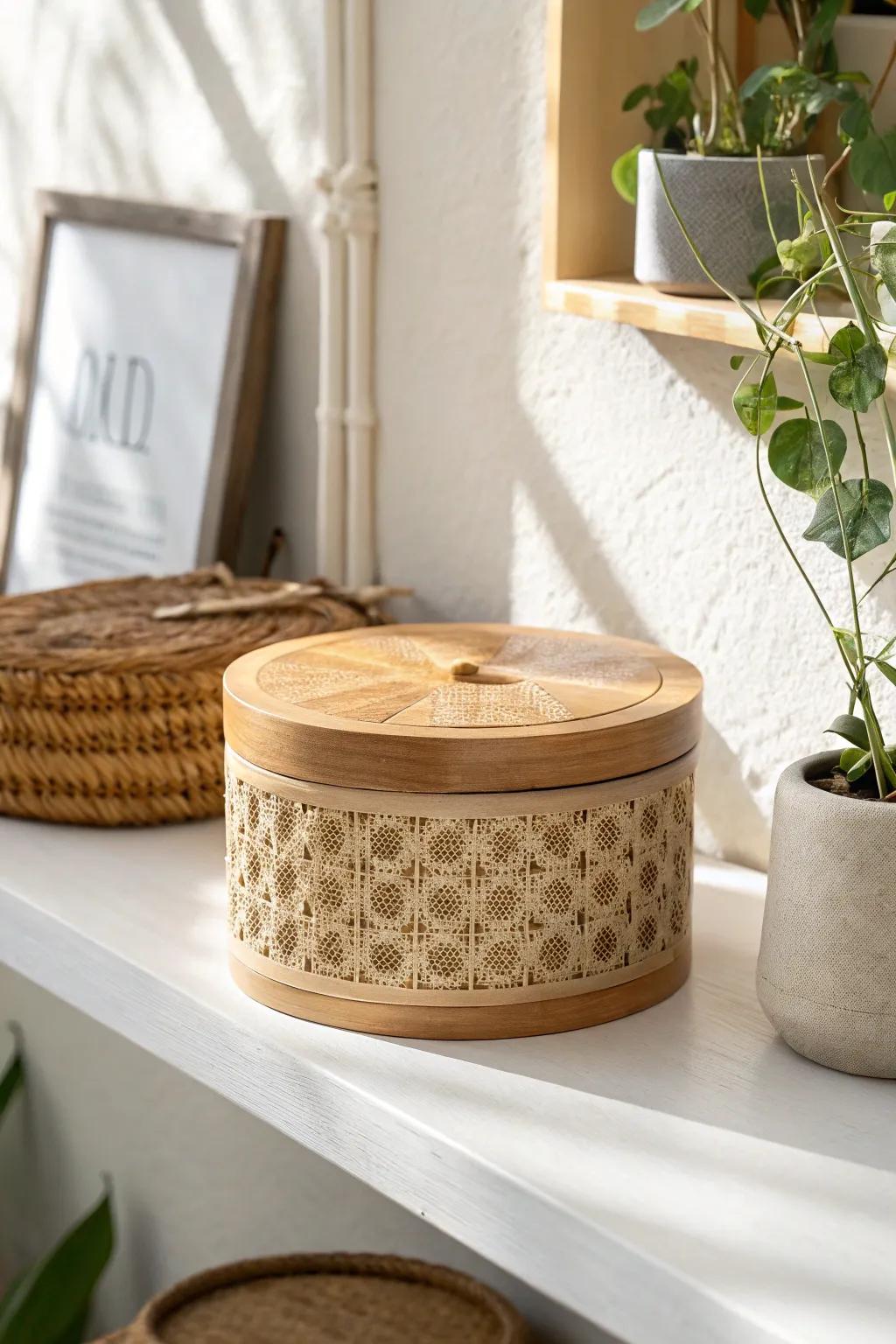 A lidded trinket box on a shelf—minimal, pretty, and perfect for hidden jewelry storage.