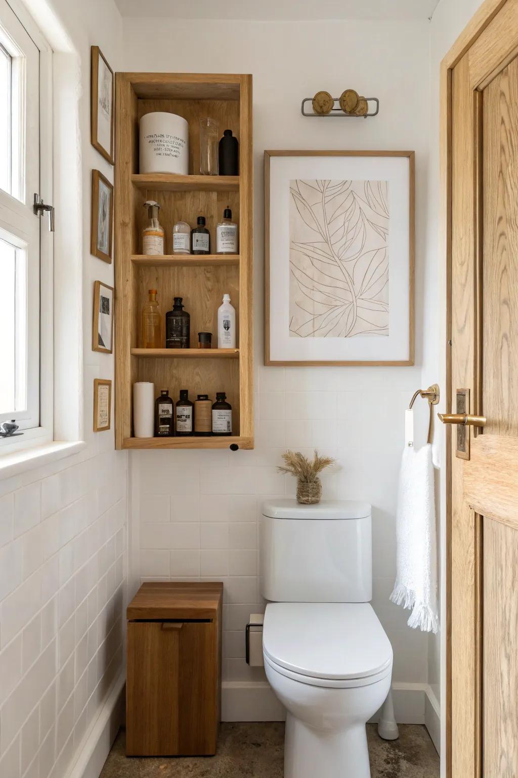 A framed print that swings open—hidden over-toilet medicine cabinet that looks like art.