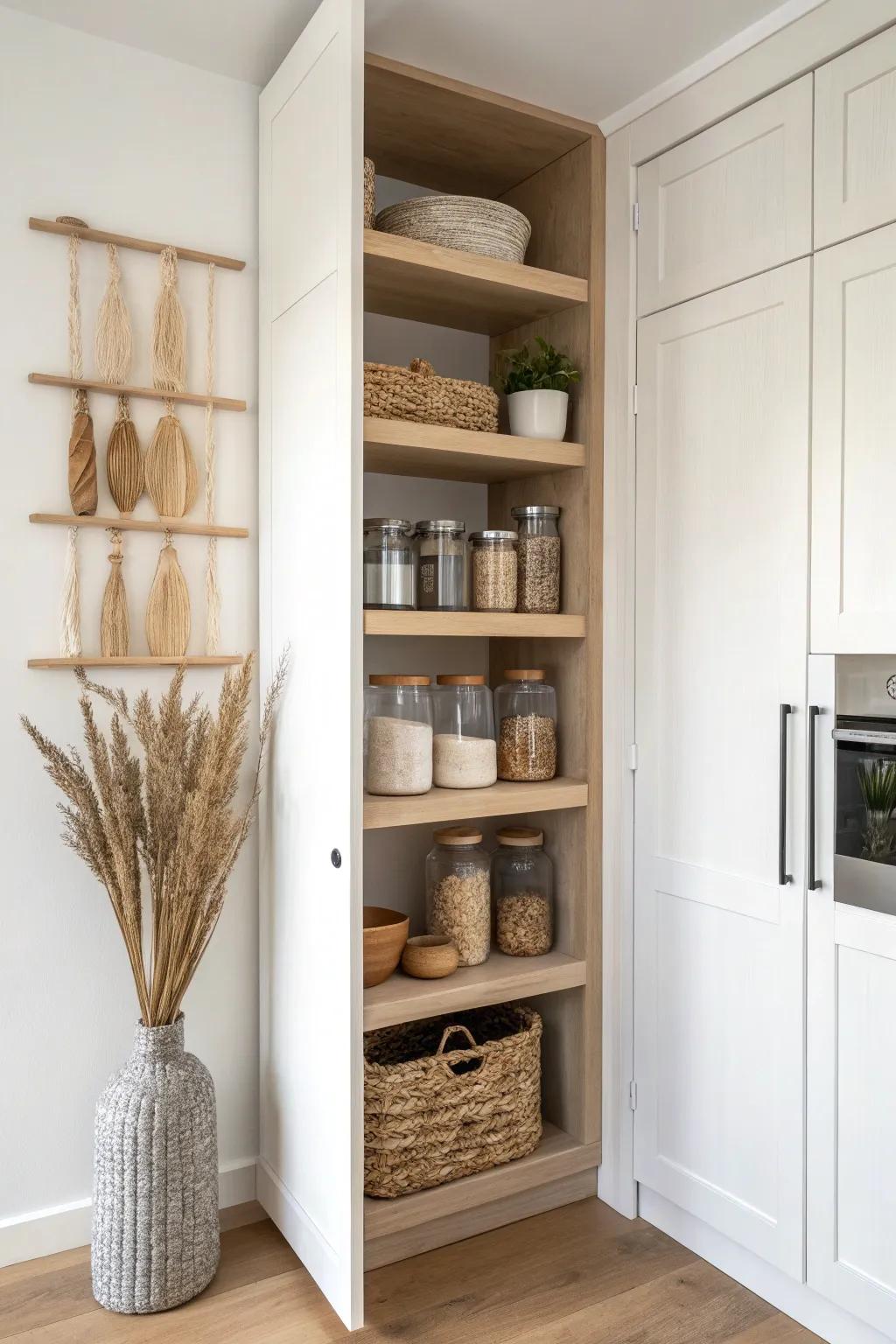 A hidden pantry niche with floor-to-ceiling open shelves—beautiful, visible storage in one slim spot.