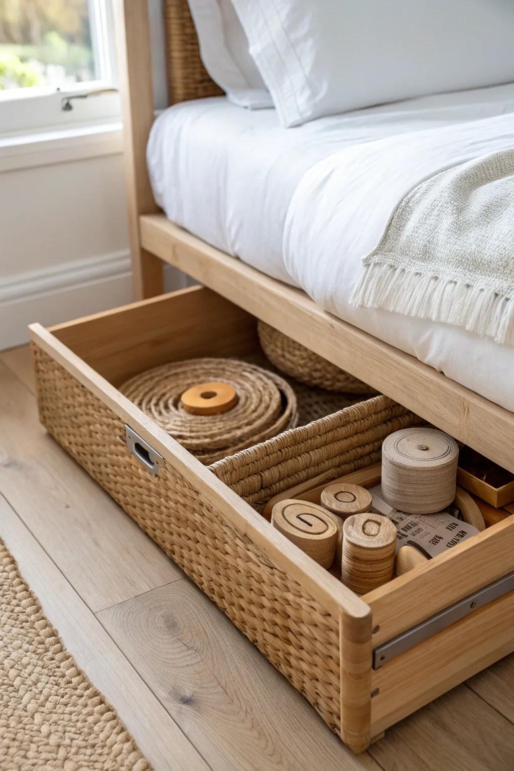 Handwoven under-bed rattan drawer hides big toy sets—calm room, quick kid-friendly access.