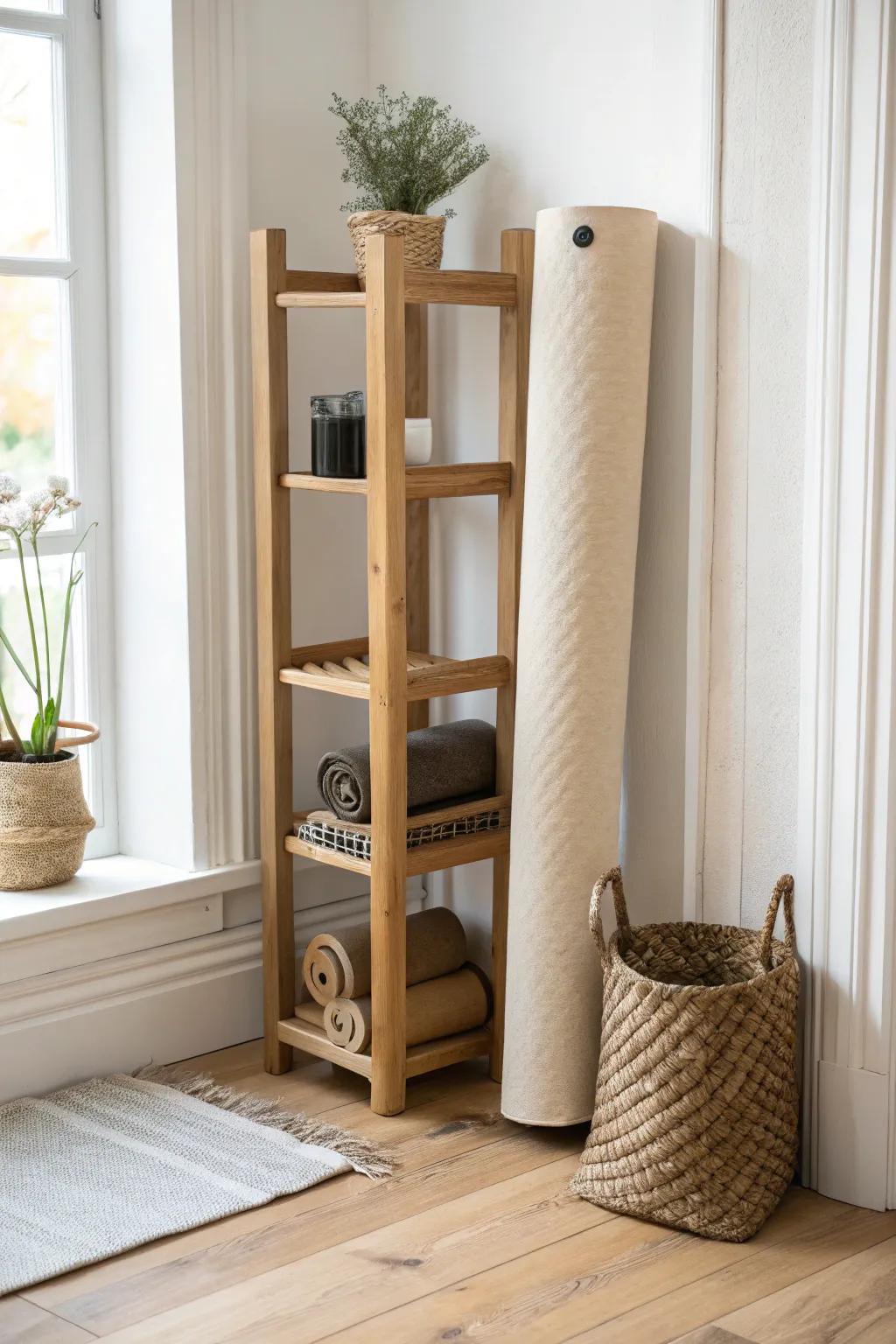 A sleek corner stand keeps long gym gear upright—no more cluttered, leaning-against-the-wall look.