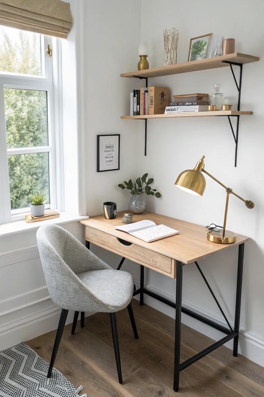 A space-saving corner office nook keeps your guest room open, airy, and guest-ready.