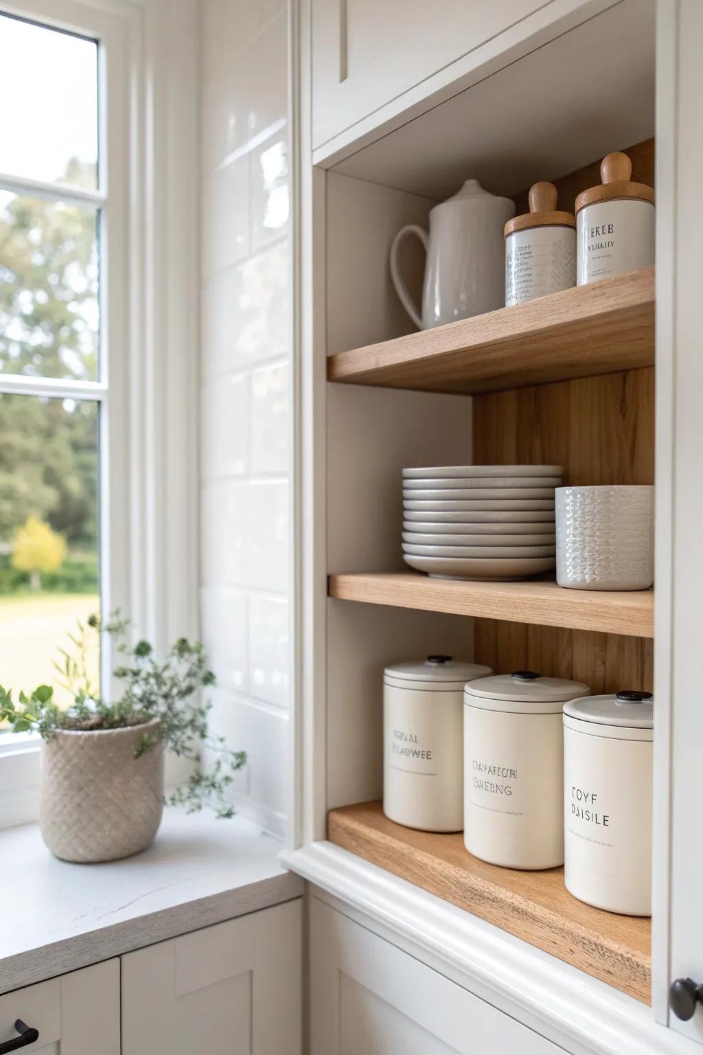 A simple shelf riser doubles cabinet space—no more wobbly stacks, just calm kitchen order.