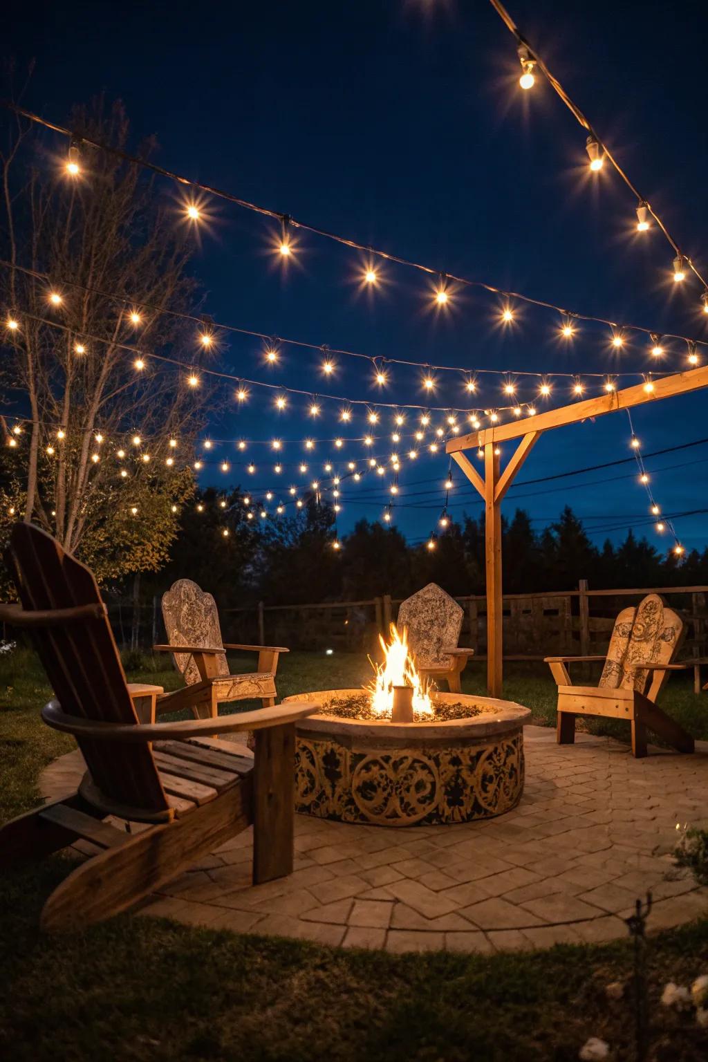 Transform your nights with the enchanting glow of string lights over a handcrafted fire pit seating area.