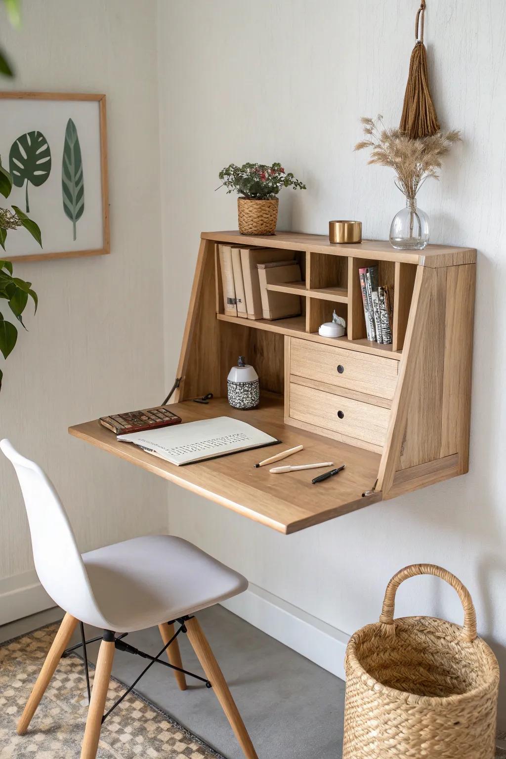 Fold-down wall desk = instant homeschool workspace without giving up precious floor space.