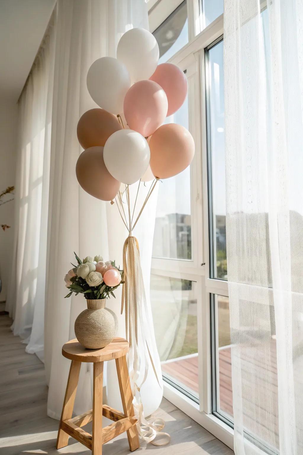 Turn a sunny hotel corner into a mini photo spot with a soft balloon bouquet by the window.