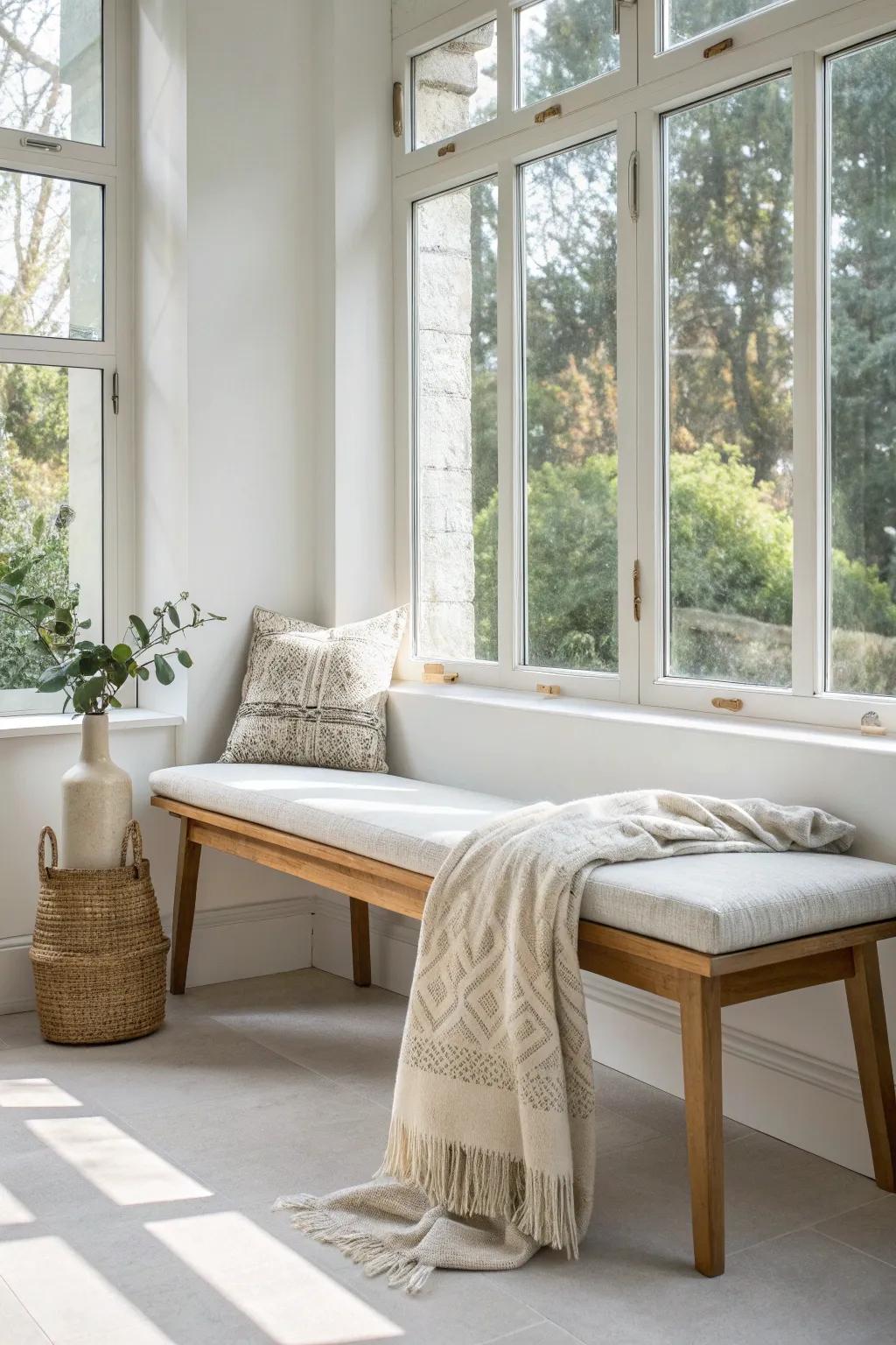 A simple window-seat bench + tailored cushion: the coziest sunroom spot with the view in charge.