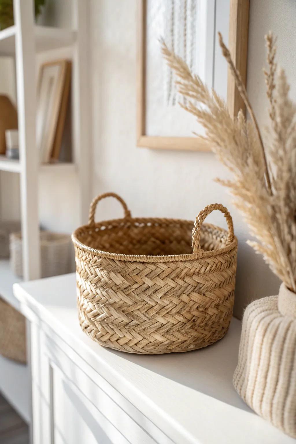 Let texture lead: a woven basket brings warmth and depth to neutral built-in shelves.