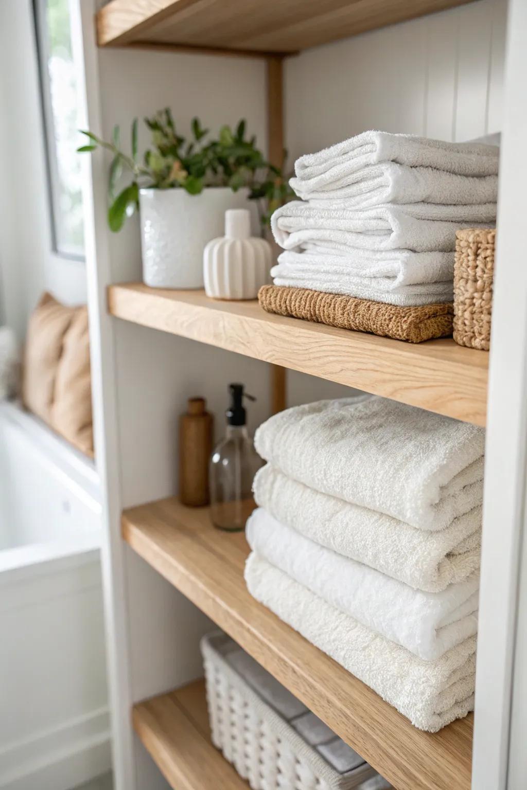 Keep towel stacks standing tall—simple shelf dividers bring instant linen-closet calm.