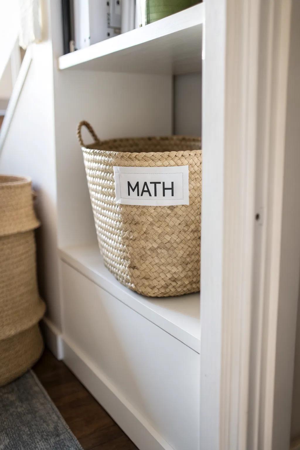 Big, simple labels make school supplies easy to find—and easy to put back in small spaces.