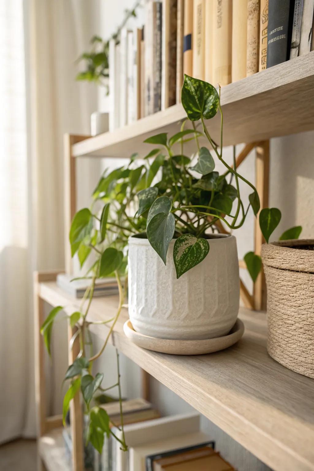 One trailing vine on your bookcase adds life—styled, calm, and perfectly minimal.