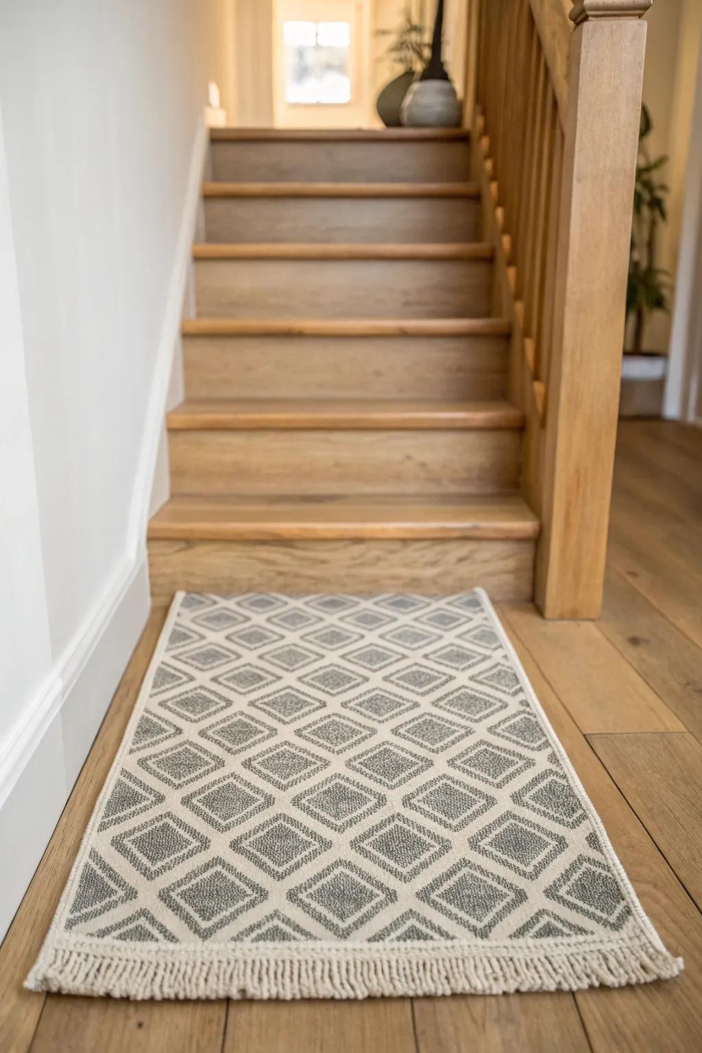 A petite entry rug that echoes the stair runner makes even tiny hallways feel intentional.