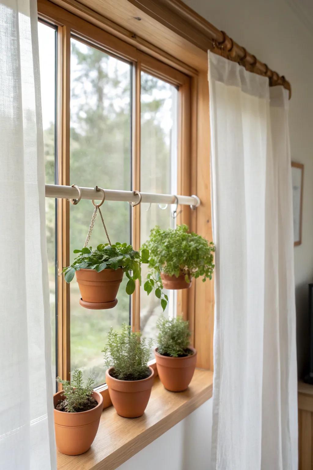 Zero-footprint window garden: a tension rod + hanging pots for tiny-space greenery.