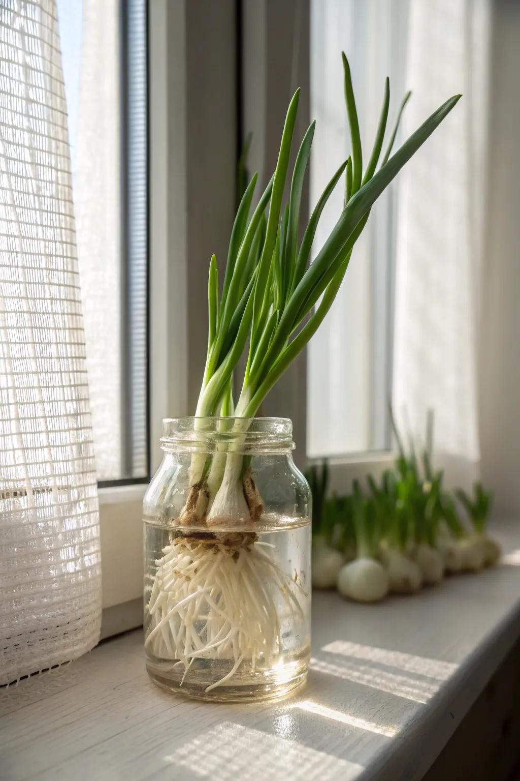 Turn scraps into a windowsill garden—regrow green onions in a simple glass jar.
