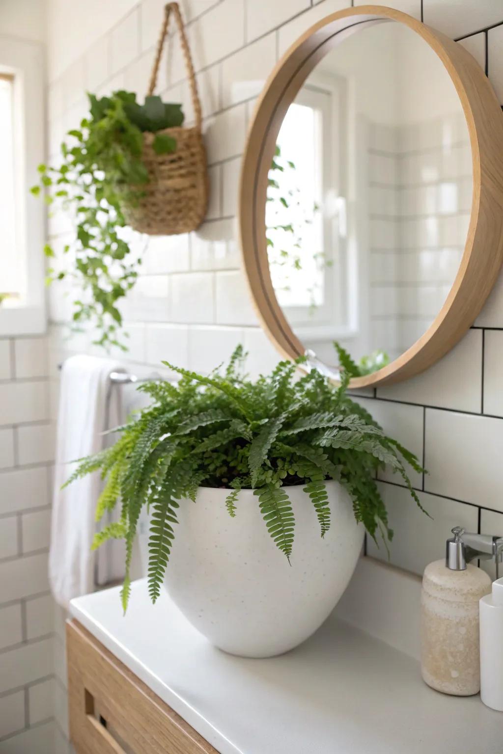 Spa-like bathroom glow: a wall planter by the mirror—lush greens with a no-drip liner.