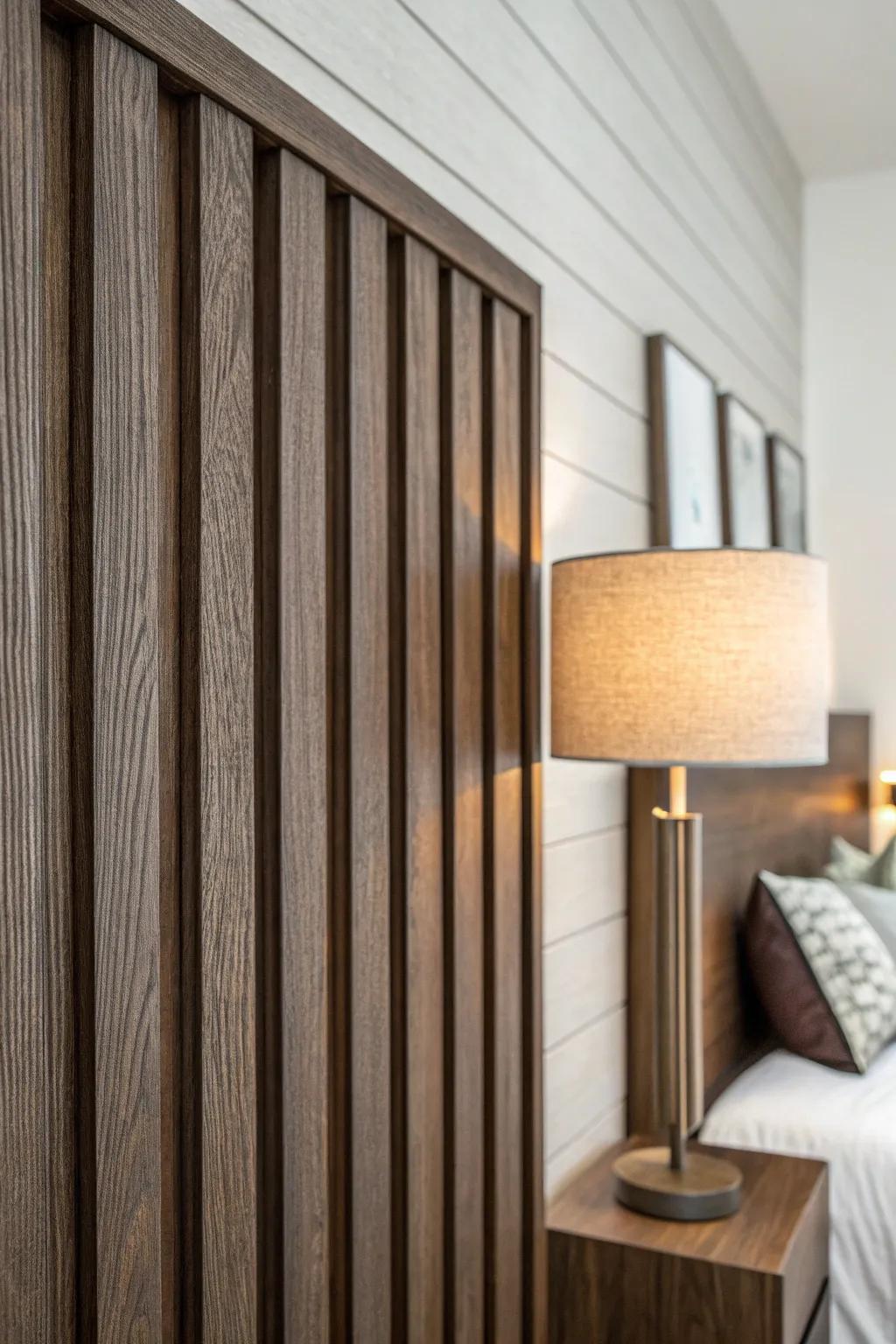Dark wood slats + warm light create cozy contrast that makes small rooms feel inviting.