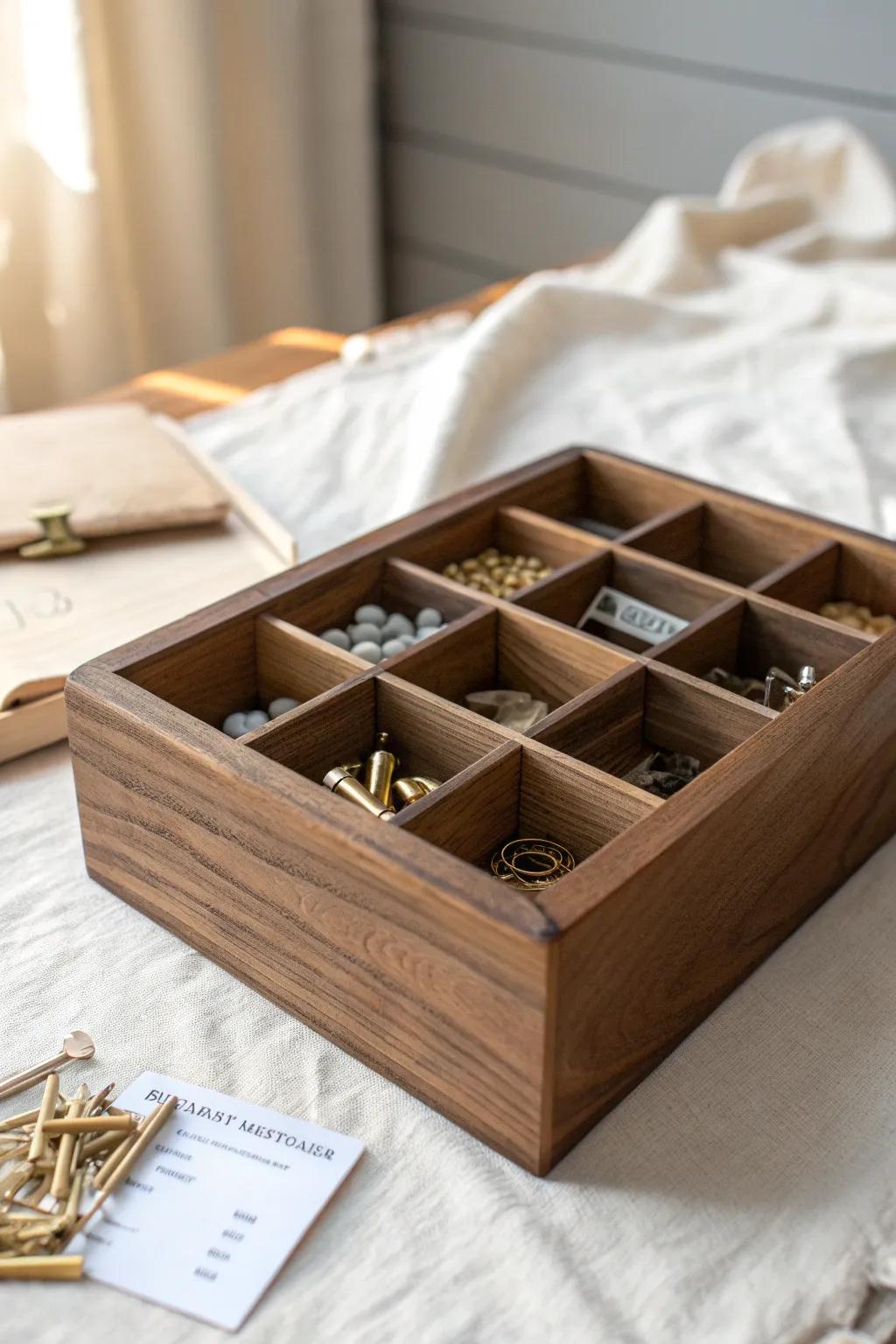 Keep tiny parts tidy: a handcrafted divider bin turns inventory chaos into calm order.