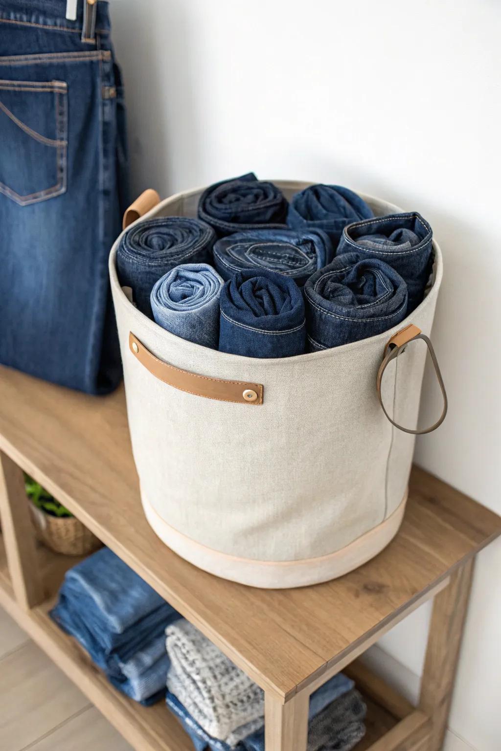 Roll jeans into denim burritos and stand them up—one fabric bin fits way more pairs neatly.
