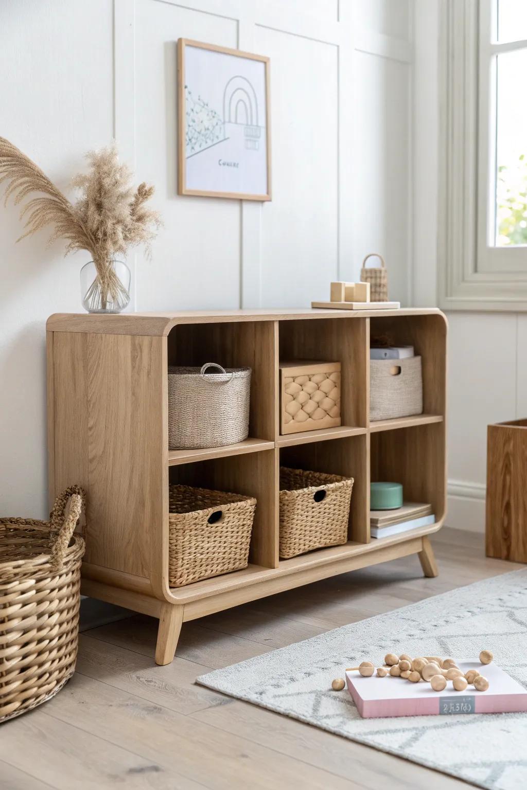 Low cubbies right by the play corner make tidy-up easy—and look beautiful in small rooms.