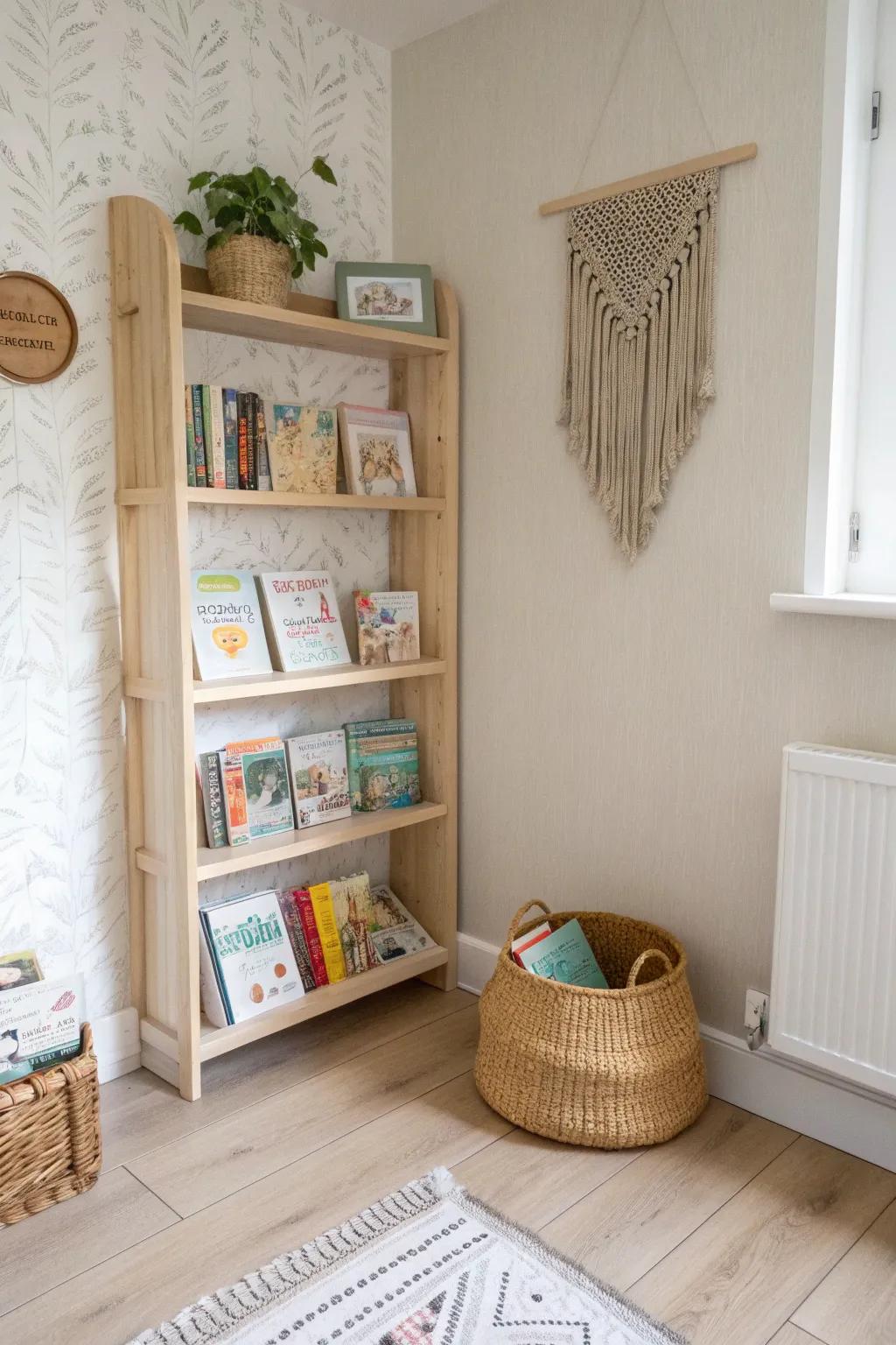 Turn a dead corner into wraparound shelves—pretty, built-in book storage for small spaces.