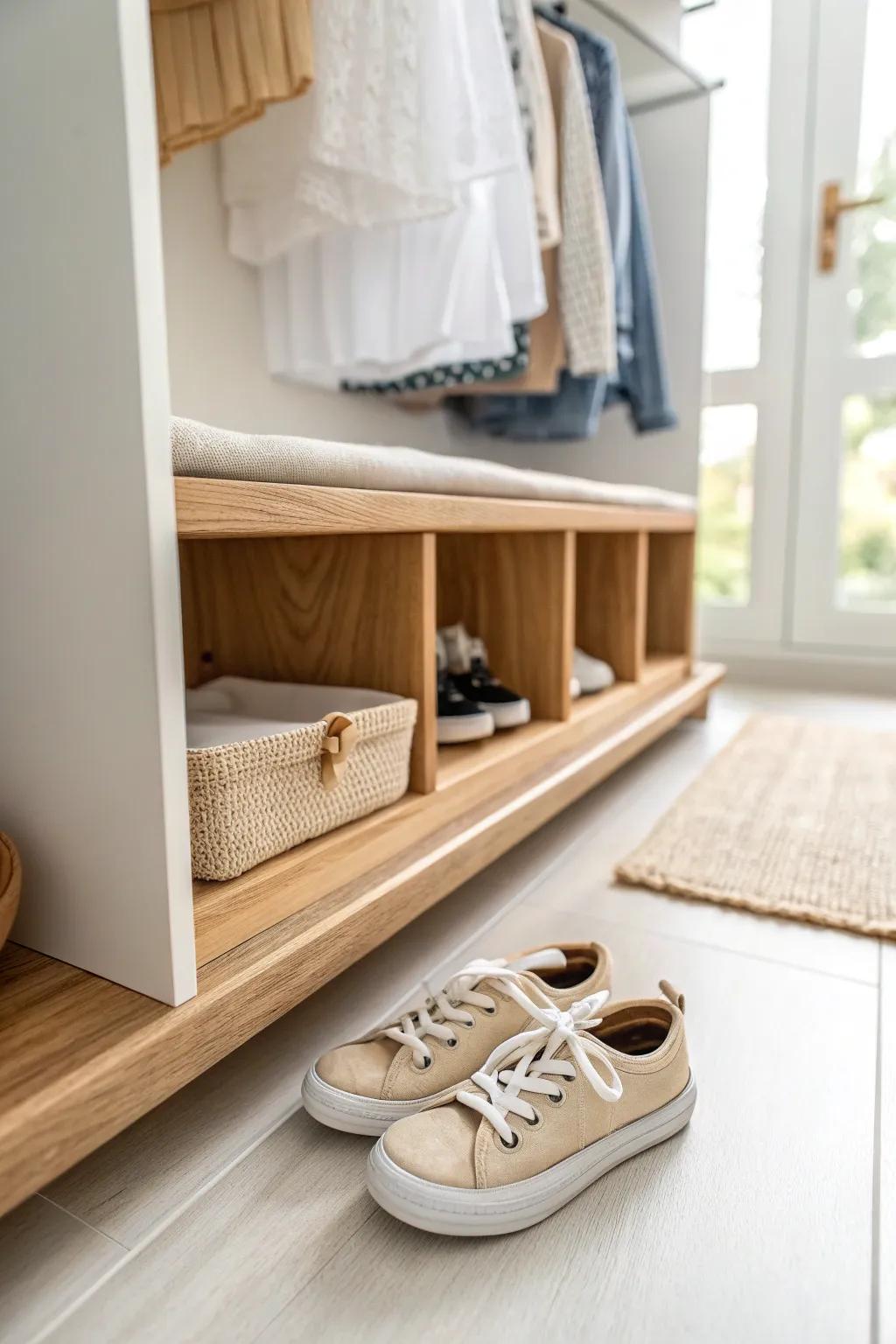 A simple oak divider keeps tiny shoes paired and the closet floor calm, clean, and spacious.