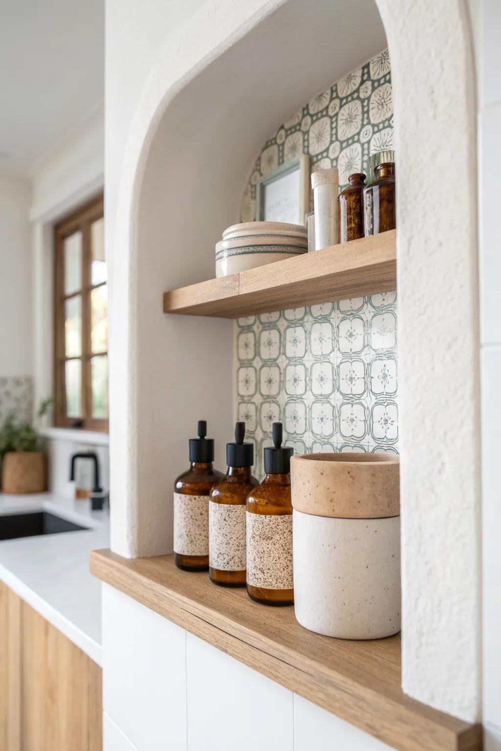 A slim built-in spice niche keeps oils and seasonings visible—without cluttering the stove.