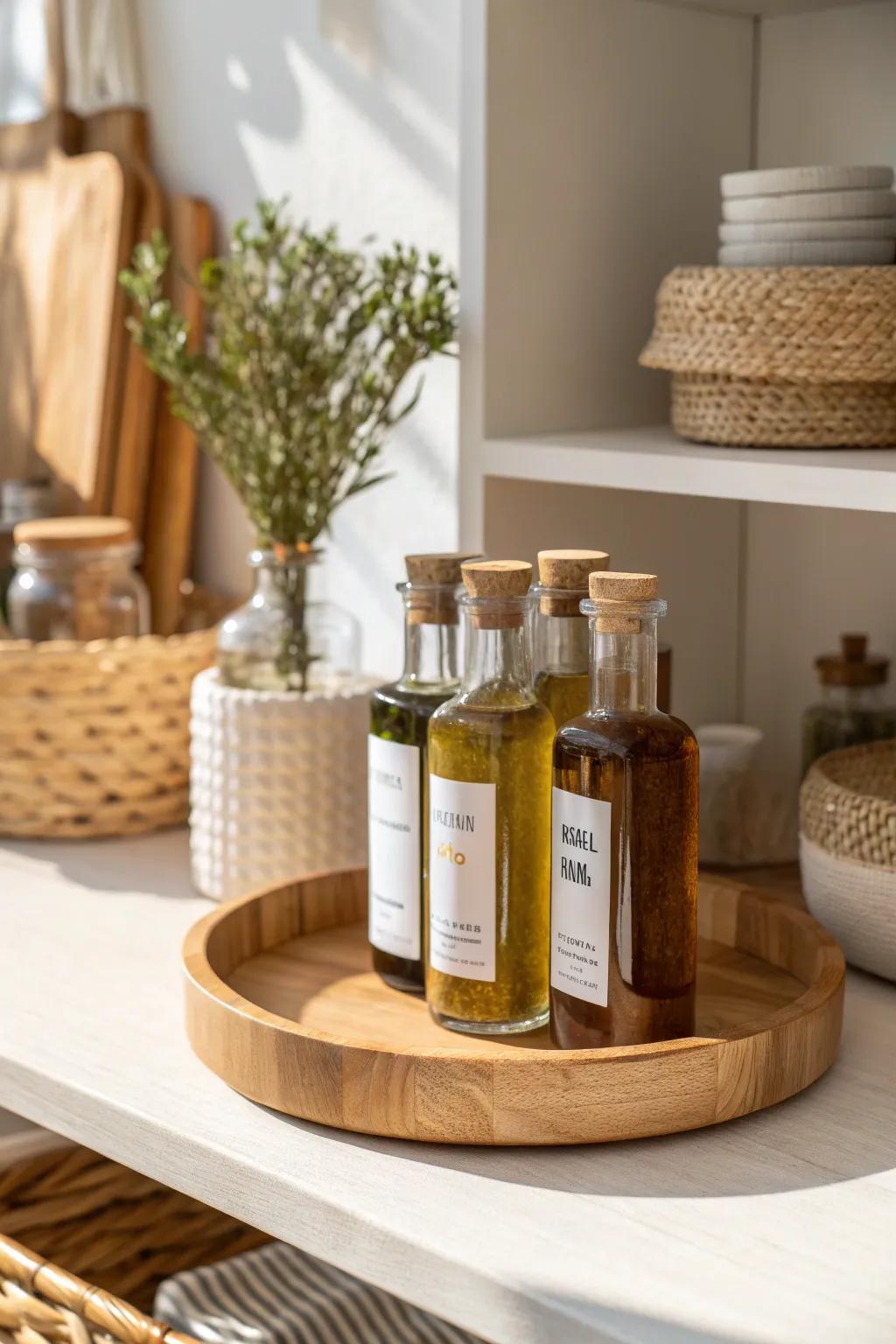 A simple wooden lazy Susan keeps oils and sauces visible and easy to grab in tight corners.